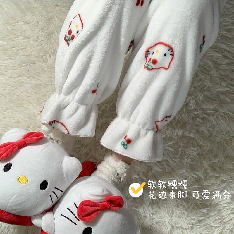 Quần Ngủ Chất Nỉ Dày Dặn In Họa Tiết Hello Kitty Dễ Thương Thời Trang Thu Đông Cho Nữ