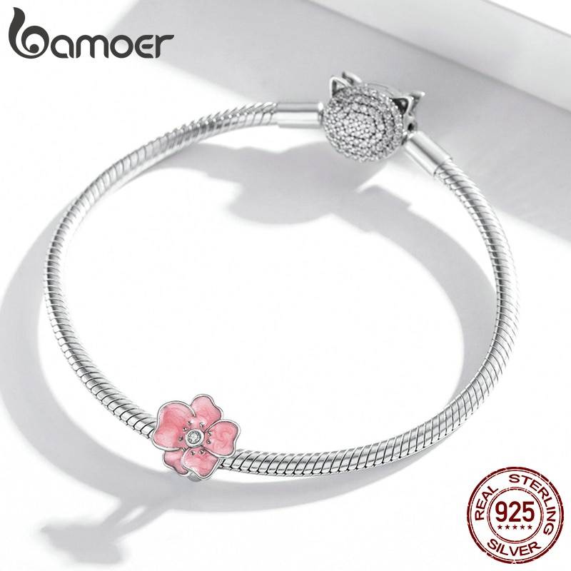 Hạt Xỏ Làm Đồ Trang Sức Bamoer Scc1729 Chất Liệu Kim Loại bạc 925 Hình Hoa Màu Hồng Xinh Xắn