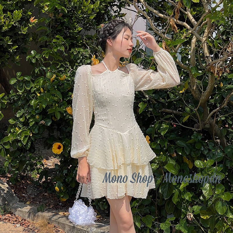 Đầm cổ yếm voan ren hạt tiểu thư dài tay 2 tầng tay bồng Ảnh thật/ sẵn | BigBuy360 - bigbuy360.vn