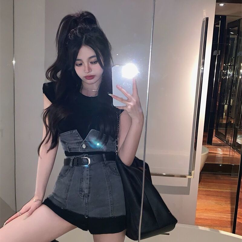 💥One Set Áo Thun Ngắn Tay Cổ Tròn + Quần Yếm Jeans Thời Trang Nữ