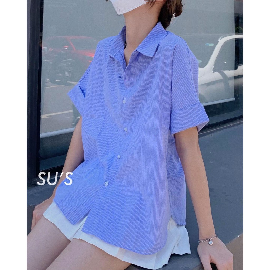 Áo sơ mi kẻ sọc cúc lưng tay lỡ unisex xanh trắng ghi freesize form thụng dáng rộng vintage hàn quốc cheapy C434 | BigBuy360 - bigbuy360.vn