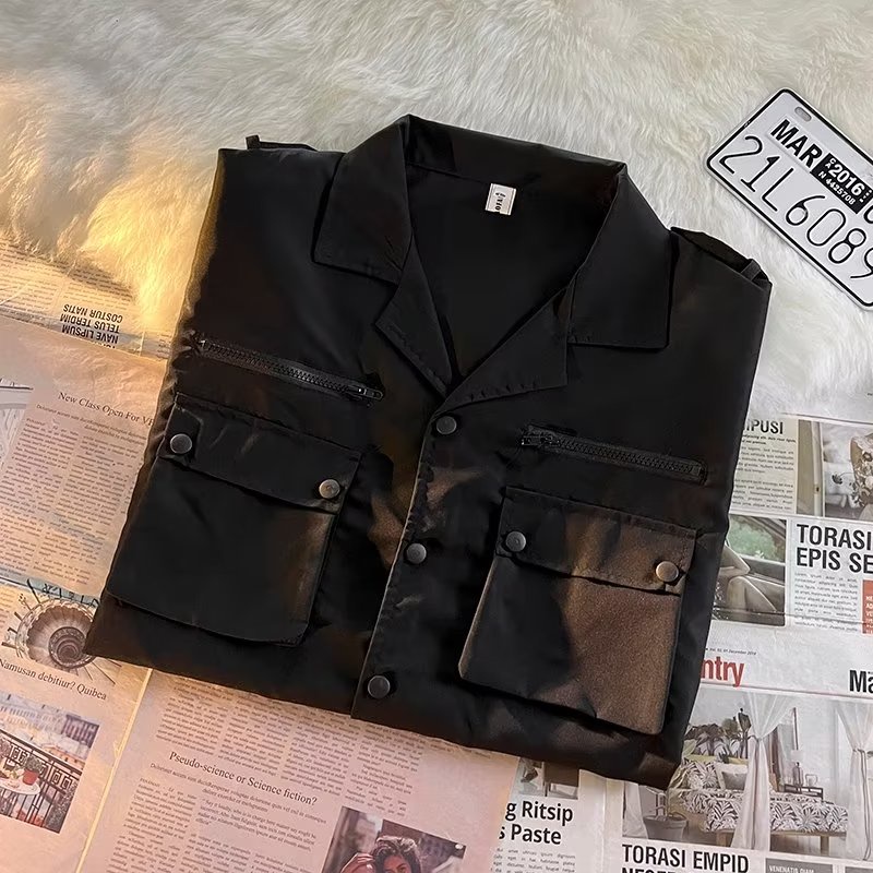 Áo Sơ Mi Nam Ngắn Tay Màu Đen Có Túi Phong Cách Hàn Quốc Cỡ M-3XL