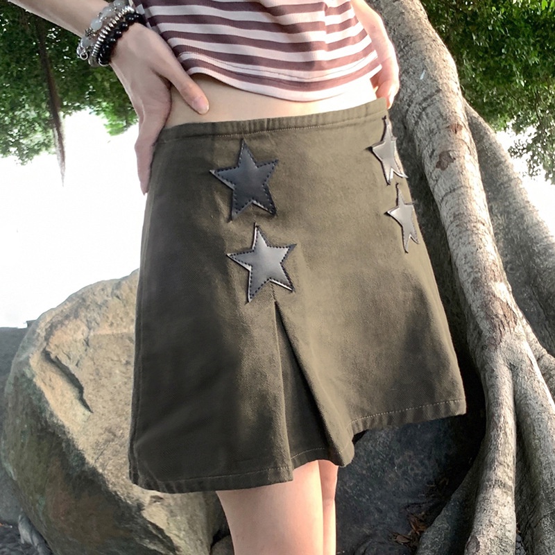 Chân váy jean Lưng Cao Xẻ Tà In Họa Tiết Ngôi Sao Phong Cách Đường Phố Cá Tính Cho Nữ