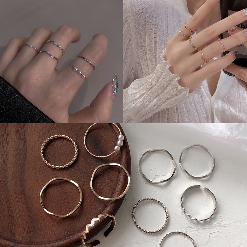 Set 5 Nhẫn Đeo Tay Kim Loại Thời Trang Cho Nữ