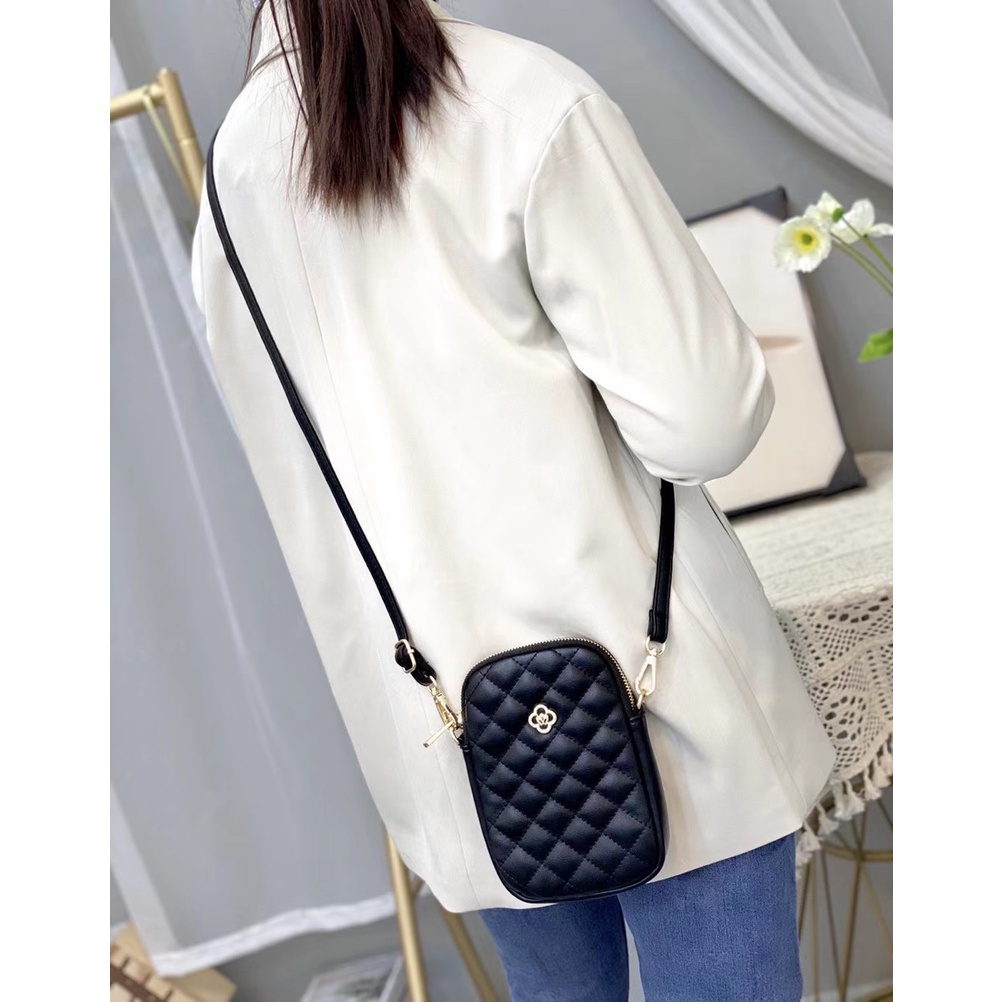 Túi đeo chéo nữ mini đựng điện thoại da PU màu đen vân dập nổi thời trang 3001