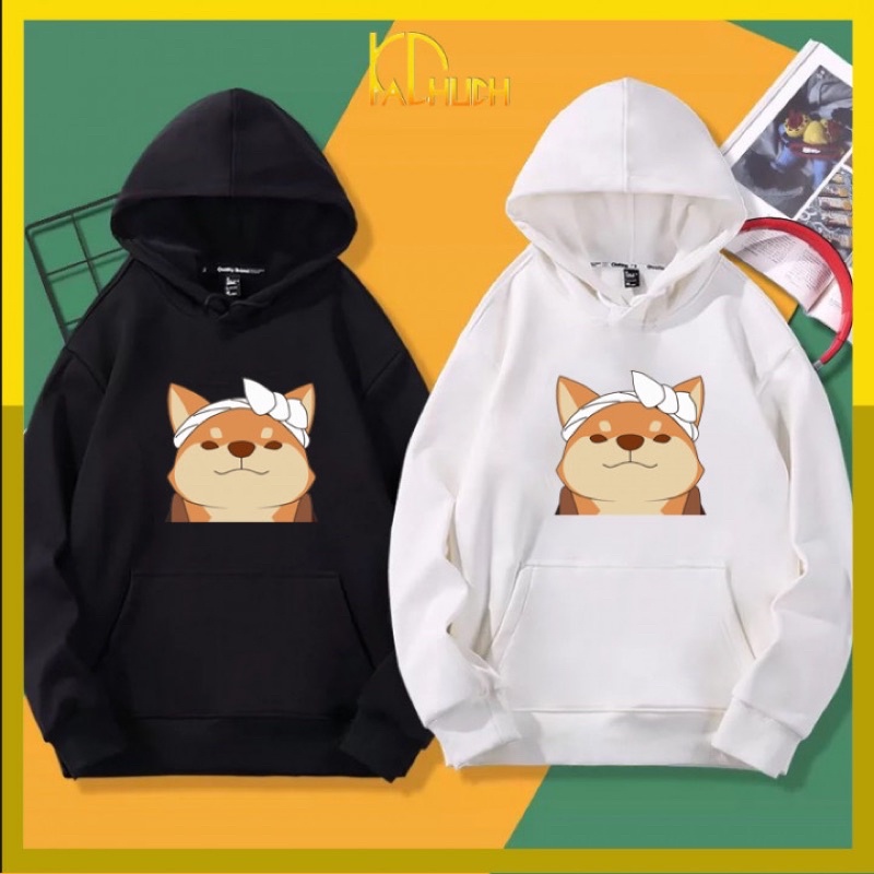 Áo hoodie cặp nam nữ 2 màu trắng đen in chú cún đeo nơ dễ thương, nón 2 lớp