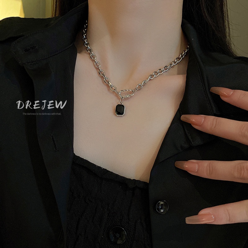 DREJEW Dây Chuyền Thép Titan Mặt Vuông Đính Đá Phong Cách Hip Hop Hàn Quốc Cá Tính