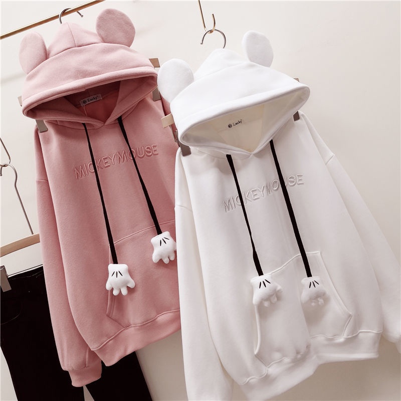 Áo hoodie dáng rộng hình tai gấu dễ thương bằng lông cừu tay dài kiểu thu đông cho nữ | BigBuy360 - bigbuy360.vn