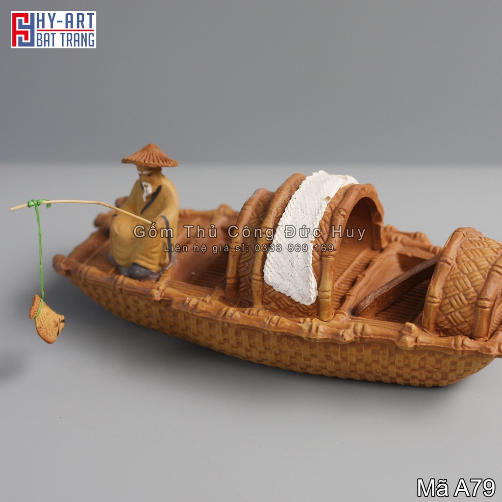 Tượng gốm ông già ngồi thuyền câu cá trang trí hòn non bộ chậu cây bonsai