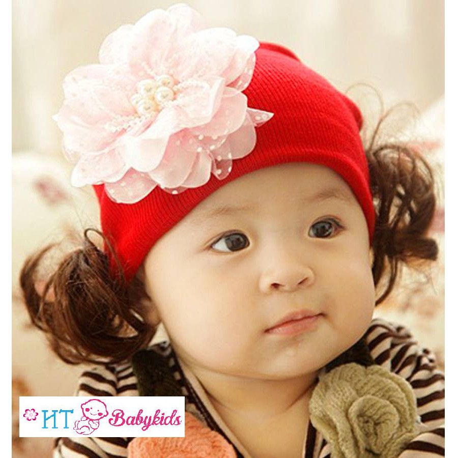 Mũ Len Tóc Giả Đính Hoa Cho Bé Gái
