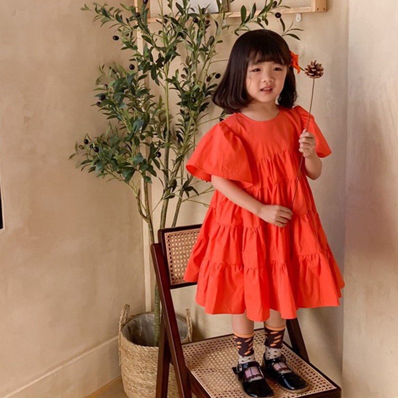 Đầm công chúa tay phồng cổ tròn màu trơn phong cách Hàn Quốc cho bé gái 3-8t