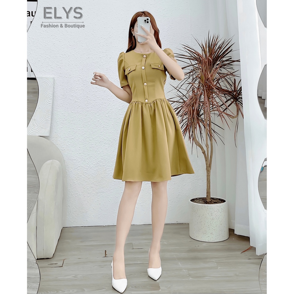 Váy Đầm Tiểu Thư Công Sở ELYS Chất Tuyết Mưa Cao Cấp Thiết Kế Tay Bồng Xếp Ly Dáng Xòe Phối Cúc LY018