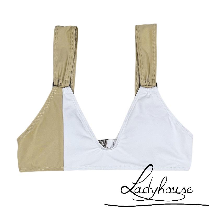 LD-Women Bikini Two Piece Set, Wide Shoulder Straps Patchwork Tops Bra High Waist Swimwear Buckle Pantie