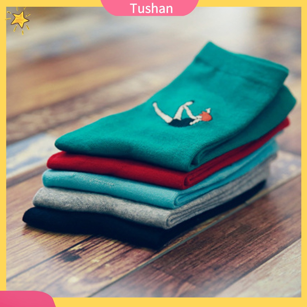 TUSH Autumn Winter Funny Cartoon Solid Color Elastic Cotton Middle Tube Crew Socks