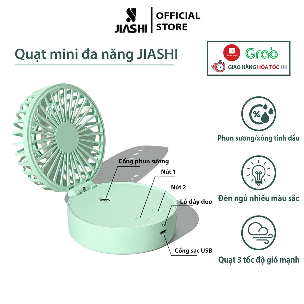 Quạt mini phun sương JIASHI tích điện kết hợp đèn ngủ nhiều màu dung lượng pin lớn 2000mAh - QMN03
