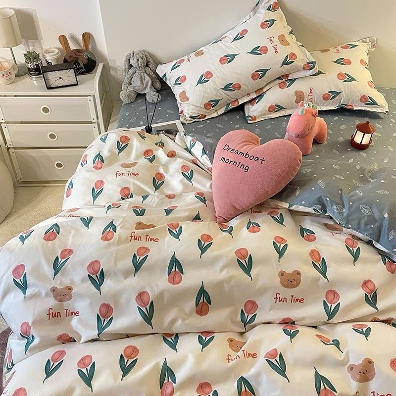 Bộ chăn ga gối hoa Tulip Cotton Poly nhập khẩu, chăn ga Hàn Quốc, miễn phí bo chun drap ga giường theo yêu cầu