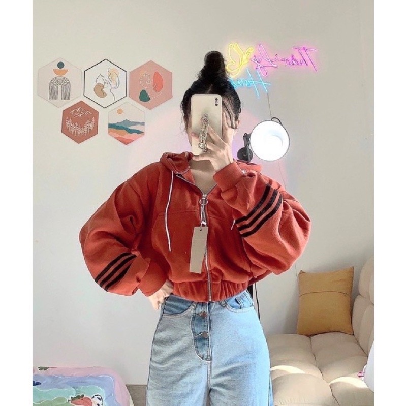 Áo KHOÁC Croptop Thể Thao TAY PHỒNG 3 Sọc Có Mũ Ulzzang Unisex Hot Hit