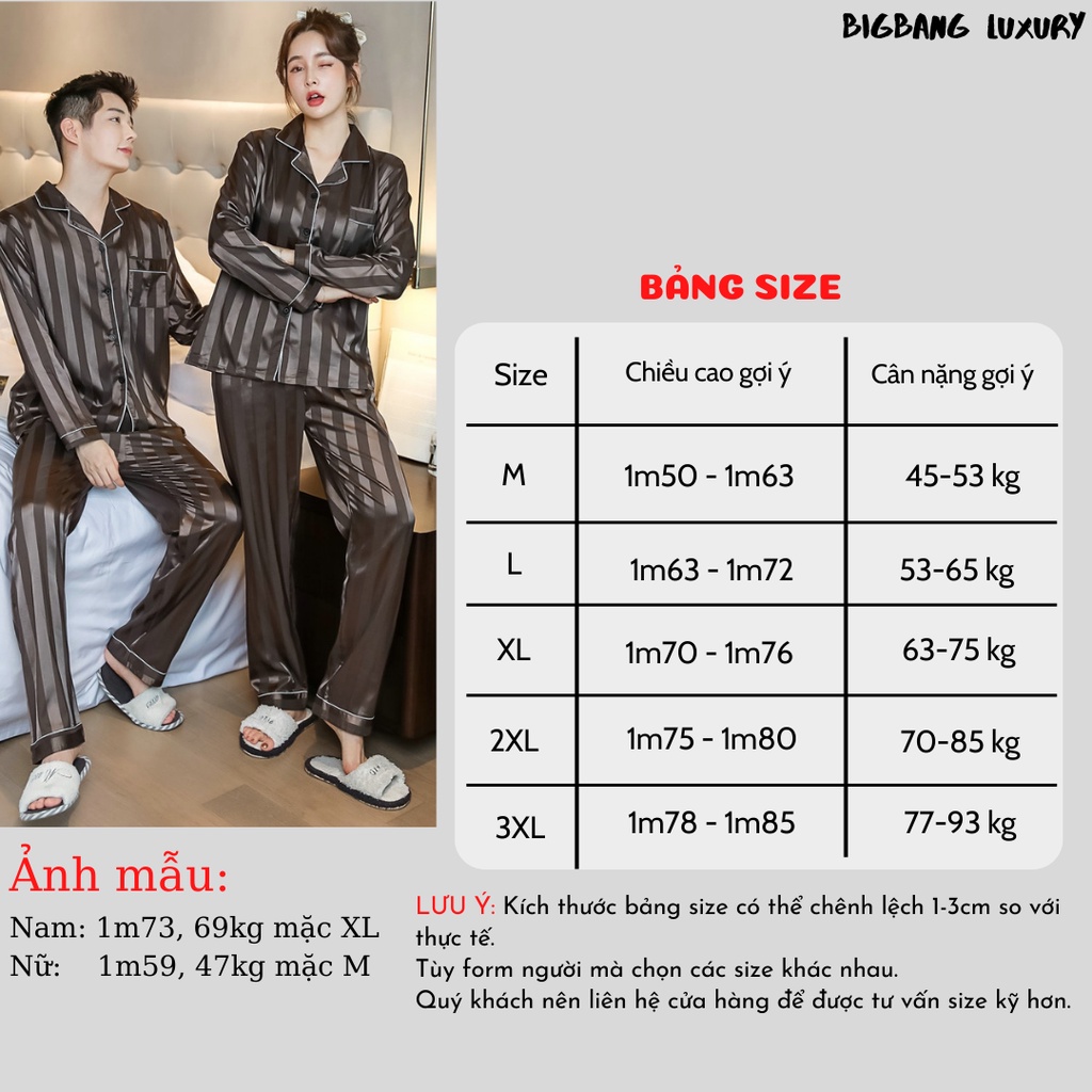 Bộ Đồ Ngủ Nam Nữ Bigbang Luxury Lụa Sọc Trơn Lụa mềm cao cấp mã 752 Pyjama cho cặp đôi nam nữ gia đình quà tặng bạn bè