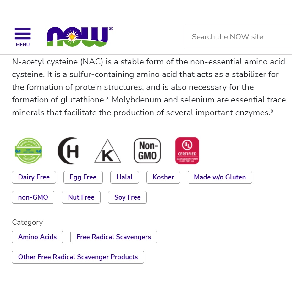 NAC NOW 600mg 100 viên với Selenium & Molybdenum