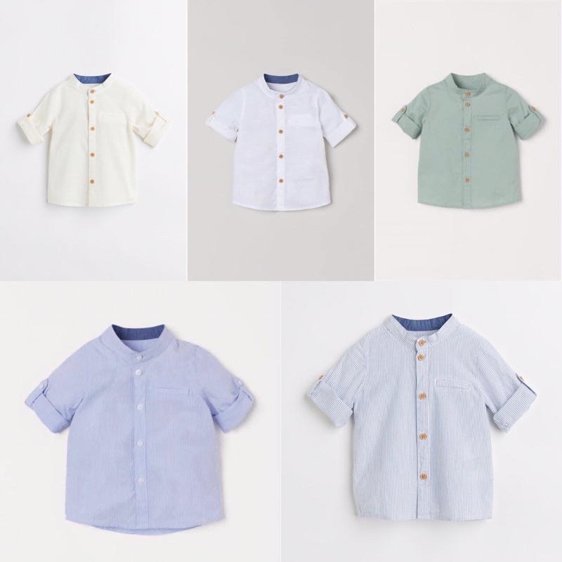 [KIDDO] Sơmi H&amp;M trơn cổ tàu 5 màu trắng, xanh nhạt, xanh ngọc, be, trắng sọc xanh siêu xinh cho bé mặc hè