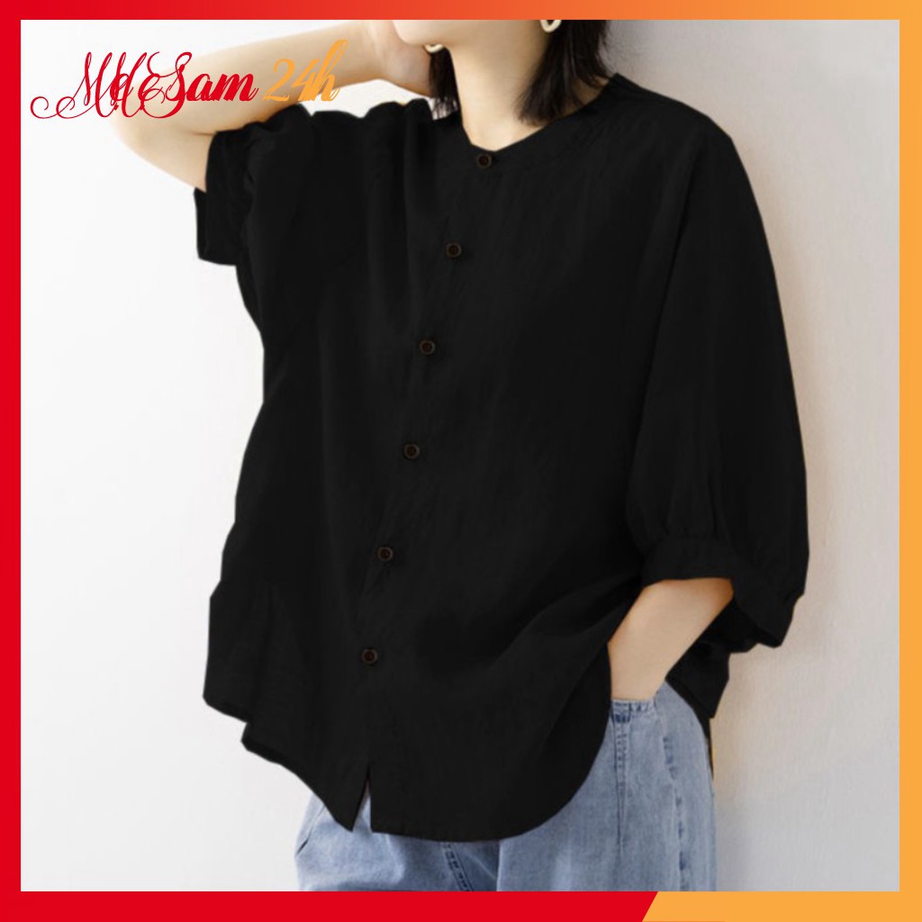 Áo sơ mi đũi nữ bigsize tay lỡ cổ tròn Mẹ Sam 24h chất liệu vải mềm mịn mát, form rộng che khuyết điểm SMH.34 | BigBuy360 - bigbuy360.vn