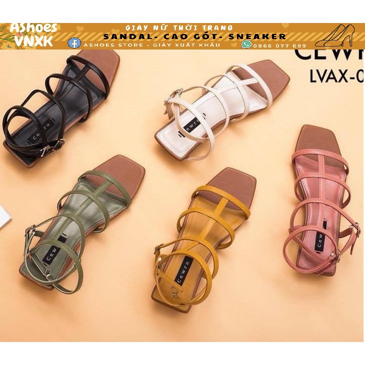 [MẪU ĐẸP] Giày sandal cao gót 2cm mũi vuông dây chiến binh rọ Màu đen- Nude CEWRA | AShoes VNXK