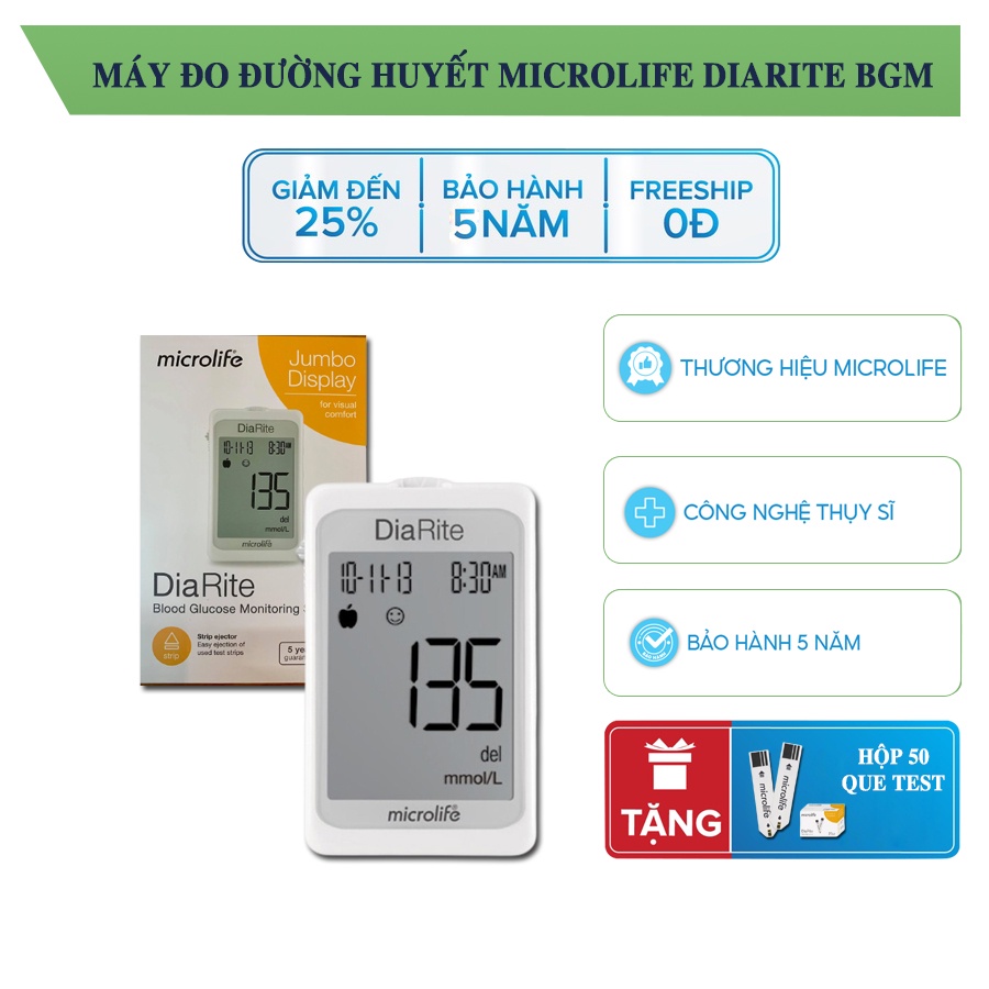 MÁY ĐO ĐƯỜNG HUYẾT MICROLIFE DIARITE BGM THUỴ SĨ - ĐO NHANH , CHÍNH XÁC CHỈ 5 GIÂY - TẶNG KÈM 50 QUE THỬ