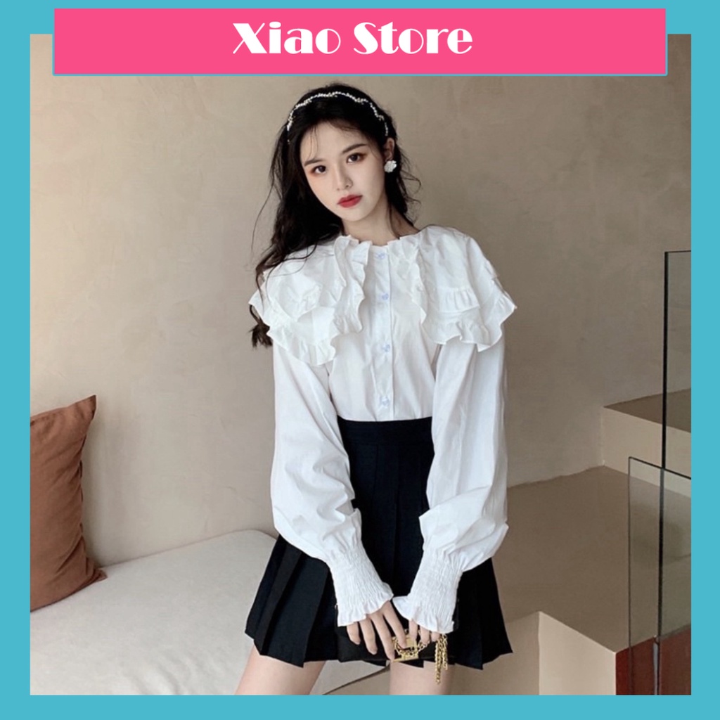 Áo Sơmi Cổ Bèo Tay Phồng Tiểu Thư Tay Bo Chun Áo Kiểu Nữ Trắng Siêu cute ulzzang cánh tiên mầu trắng