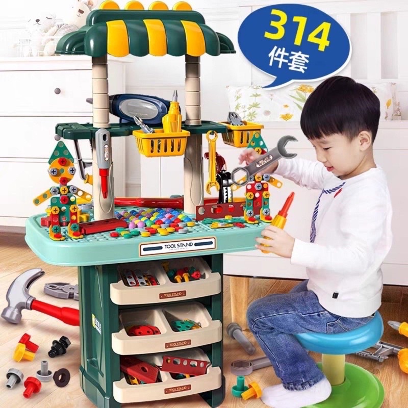 Đồ chơi lắp ráp ốc vít trẻ em, hộp dụng cụ sửa chữa kĩ sư di động gồm máy khoan điện, búa, cưa, tô vít cho bé