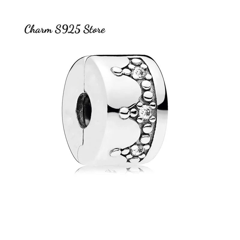 charm pan khoá chặn vương miện đính đá trắng bạc s925