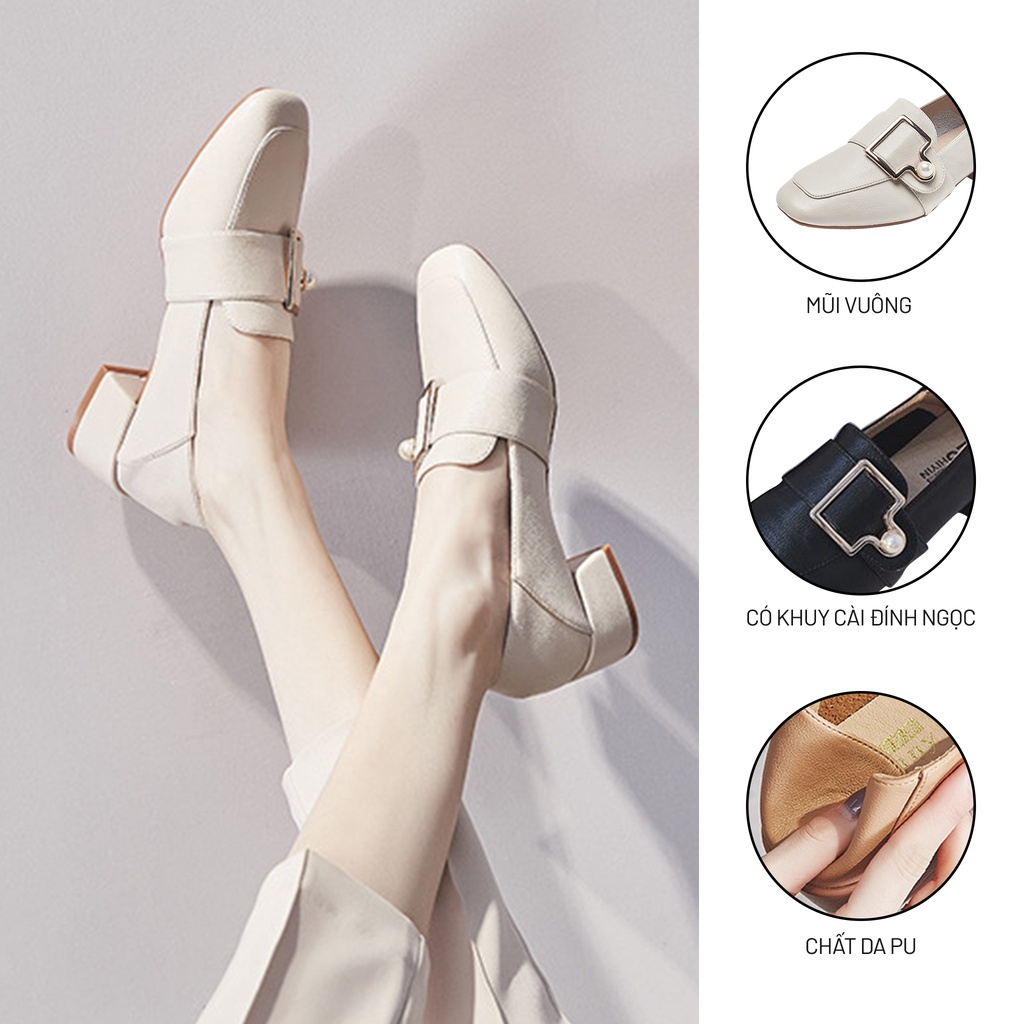 Giày Nữ Dáng Loafer Mũi Vuông Ulzzang Có Khuy Cài Đính Ngọc Gót Vuông 3cm Basic Phong Cách Hàn Quốc - Iclassy_shoes