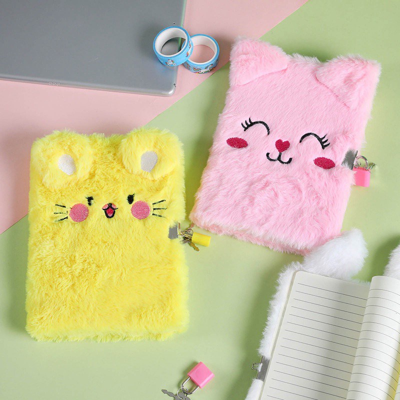 Sổ tay nhật ký thiết kế hình mèo nhồi bông hoạt hình có khóa mật khẩu dễ thương