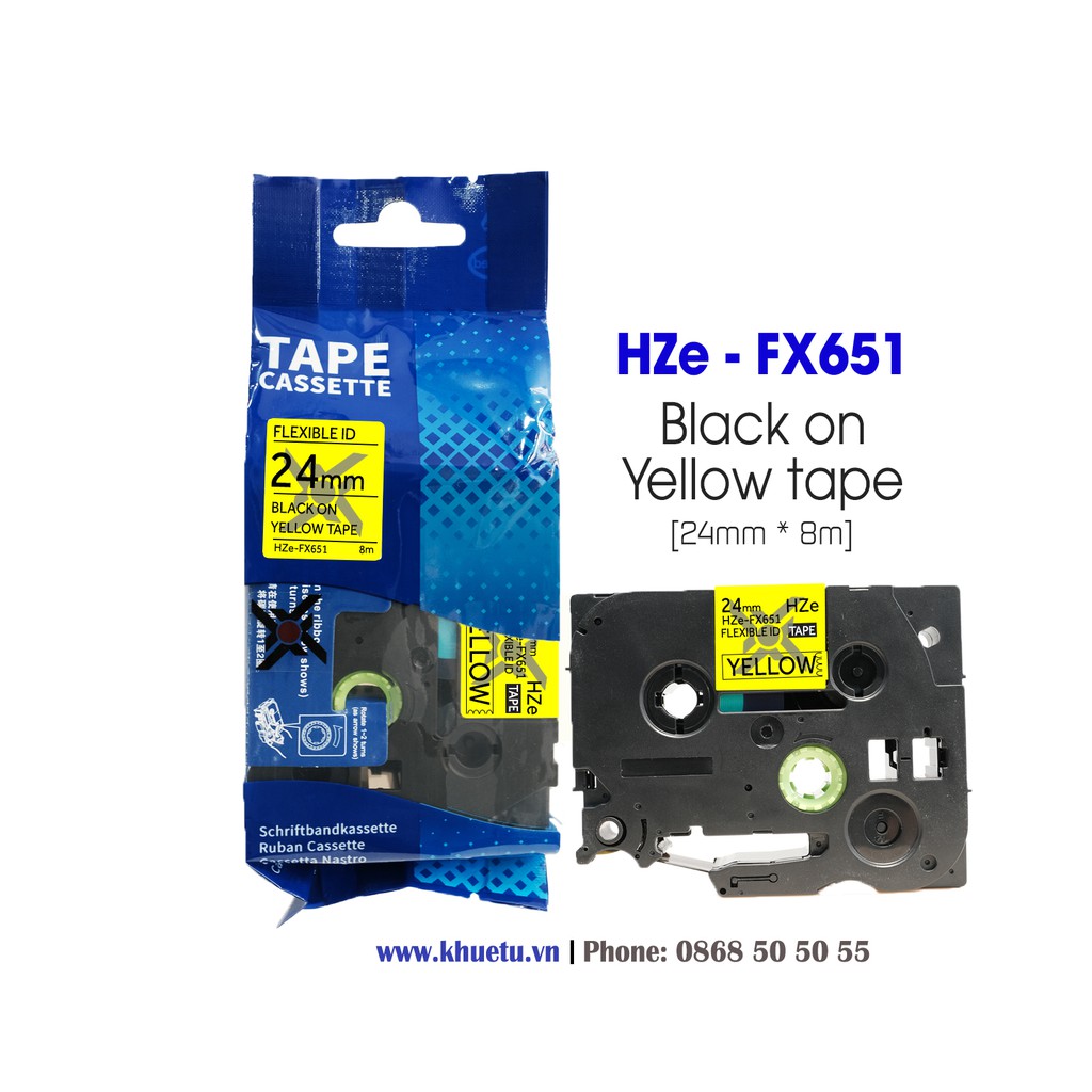 Nhãn in HZe-FX651 (24mm chữ đen, nền vàng)