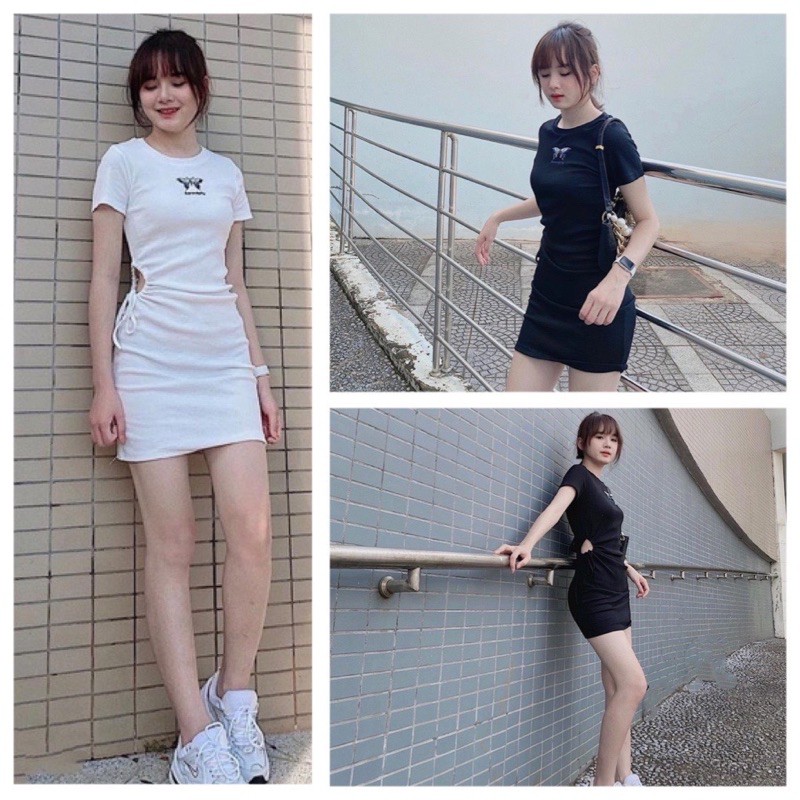 Váy body thêu hoạ tiết khoét eo
