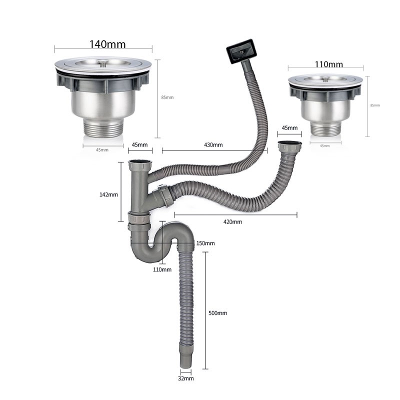 BỘ XI PHÔNG, ỐNG XẢ CHẬU RỬA BÁT 2 NGĂN 9209 (1 hố 11cm, 1 hố 14cm)