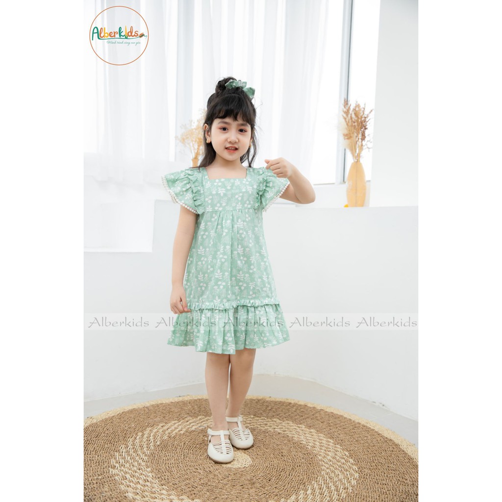 Váy Cho Bé Gái Min Dress Họa Tiết Hoa Chất Liệu Thô Xanh-Xám Cho Bé Từ 2-10T Alber Kids