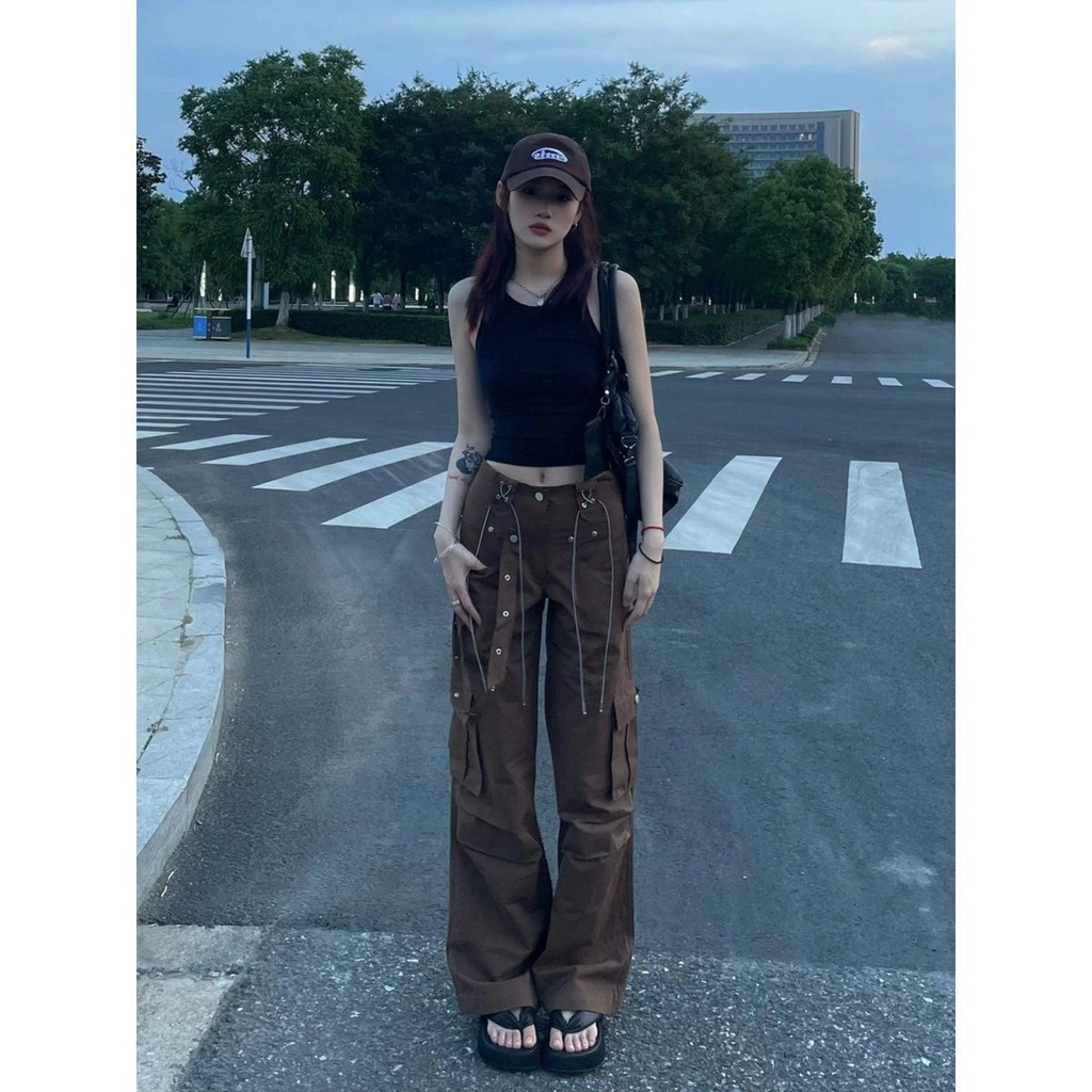 Quần Yếm Jean Ống Rộng Lưng Cao Phong Cách Hip Hop Mỹ Thời Trang Mùa Hè Cho Nữ