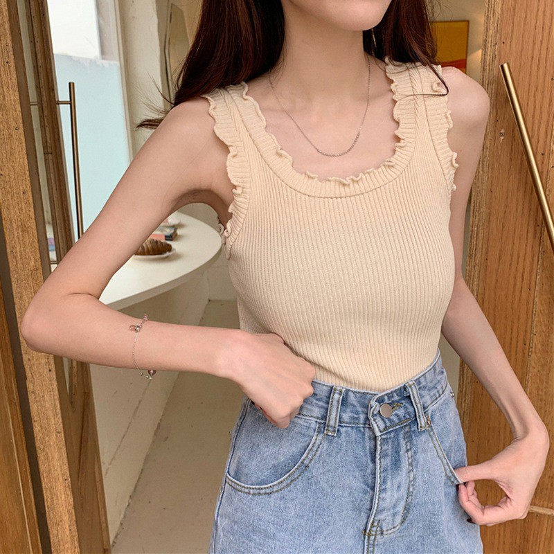 Áo Dệt Kim Sát Nách Màu Trơn Phối Bèo Nữ Tính