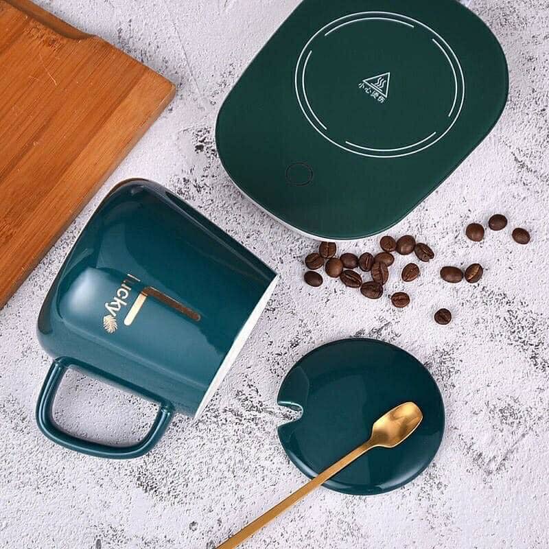 Cốc hâm nóng cao cấp bằng sứ kèm đế điện, Ly sứ kèm đế điện hâm nóng cafe, sữa, trà Tặng kèm thìa mạ vàng tiện lợi
