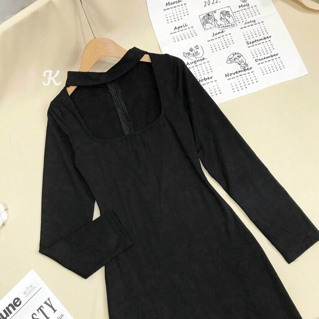 [ Miễn phí ship 2022 ] Đầm suông body tay dài, đầm đen ôm body cổ vuông choker tôn dáng,  dạo phố phong cách HQ