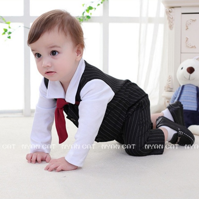 Set body gile bé trai sơ sinh kẻ sọc kèm cà vạt sơ sinh 1 2 tuổi MINTSCLOSET Mint's Closet - s1045