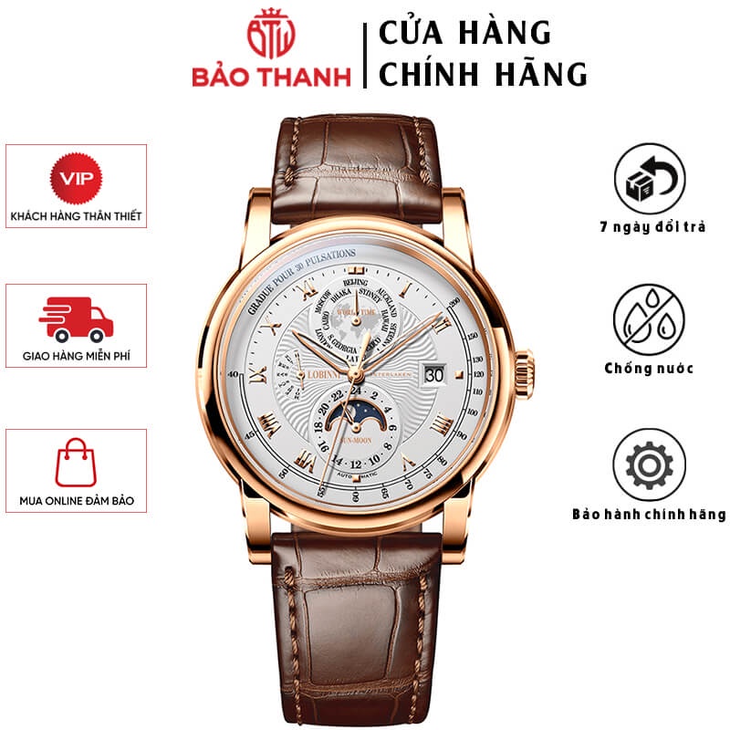 Đồng Hồ Nam LOBINNI No.16003 Chính Hãng BH 24T Chịu Nước 50m Kính Chống Xước Dây Da Cao Cấp (Máy Cơ Tự Động)