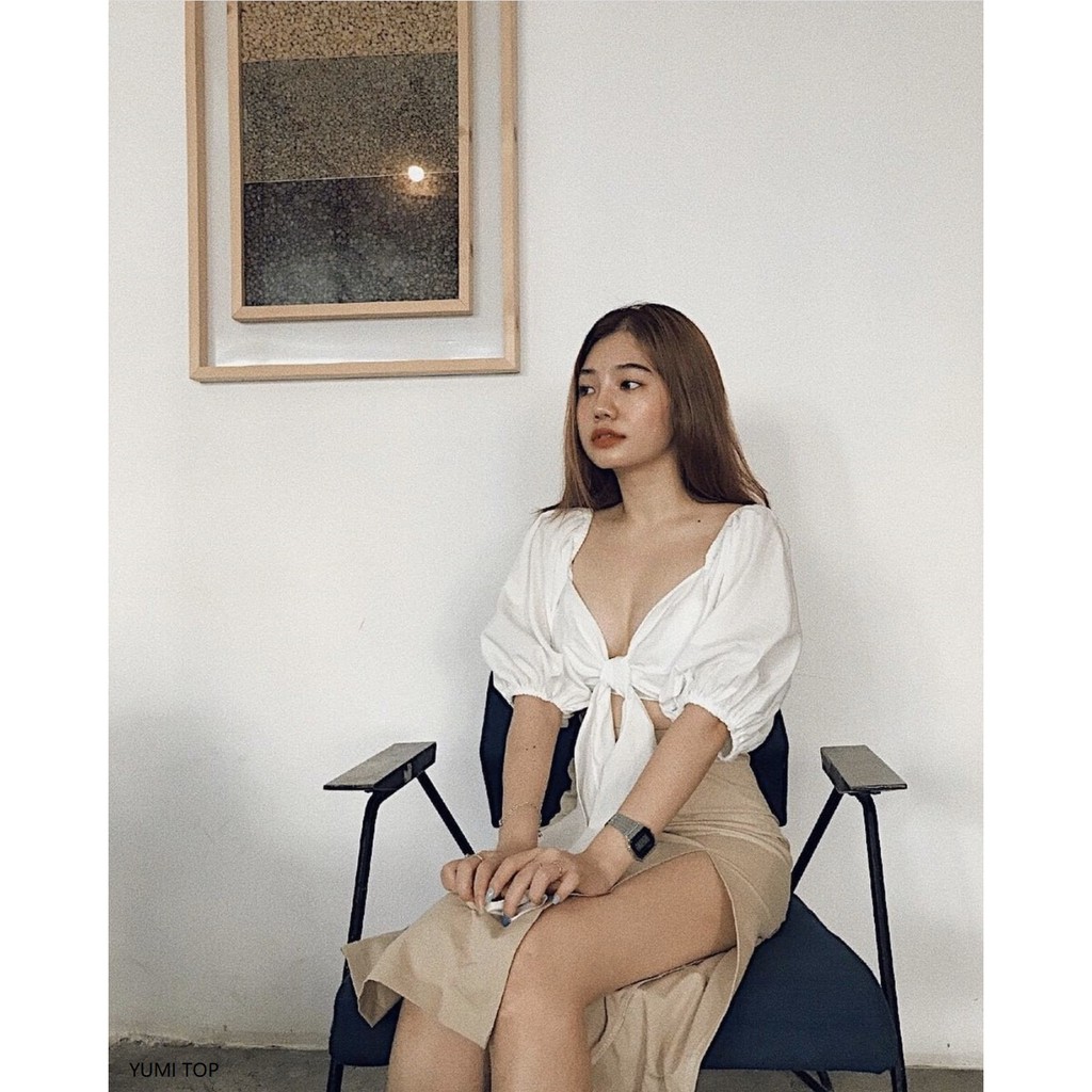 NAPUBEE Áo Croptop Tay Lỡ Cột Nơ Thiết Kế YUMI TOP