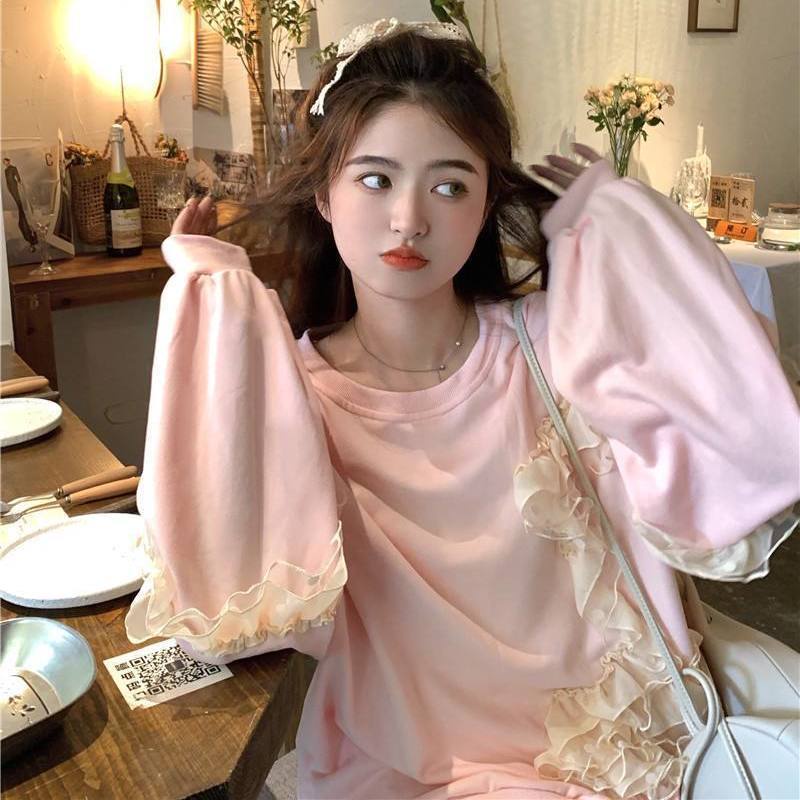 Áo sweater Dáng Rộng Nhiều Lớp Ren Hồng Ngọt Ngào Mùa Thu Hàn Quốc Dễ Phối Đồ Cho Phụ Nữ Trung Niên