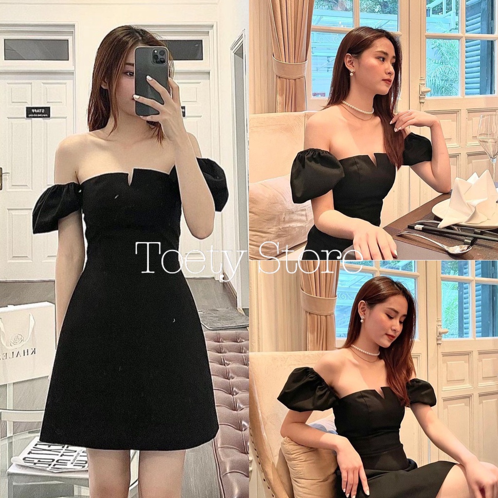 Đầm Nữ Trễ Vai Tay Bồng 🌱 Váy Nữ Xẻ Ngực Dáng Ngắn Đen 🌱