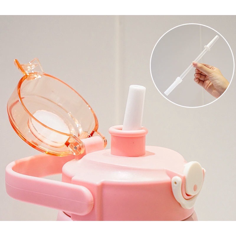 Bình nước nhiệt dung tích 850ml có ống hút và quai đeo tặng kèm sticker trang trí cute dễ thương