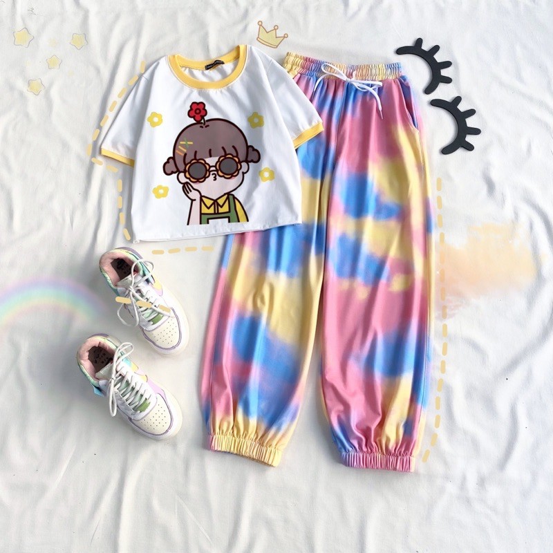 Set áo croptop + quần loang màu ống bo