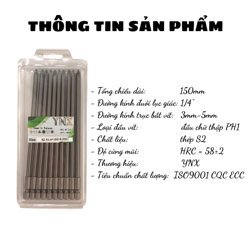 Mũi vít đầu bắn bake 4 cạnh hình chữ thập dài 150mm PH1 đuôi lục giác bằng thép S2