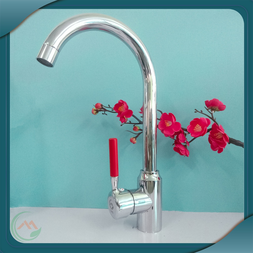 Vòi bồn rửa bát nóng lạnh cắm chậu ngồng cứng Inox bóng cổ bi xoay 360 độ cần gạt tròn đỏ sang trọng, bắt mắt