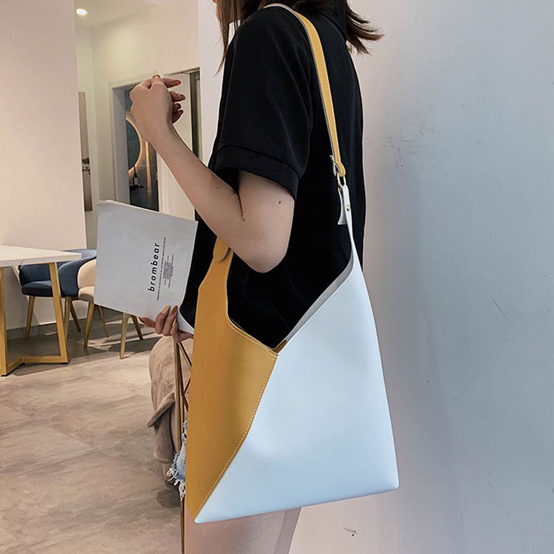 Set bộ Túi xách da đeo chéo kèm ví cầm tay 2 trong 1 cut-out chéo phối màu vàng trắng, nâu đậm